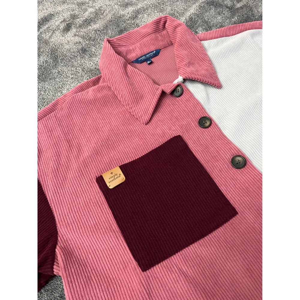 Simply Southern Colorblock Corduroy Cropped Button Down Shirt Pink Burgundy Gray